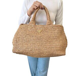 PRADA Vintage Triangle Logo Canapa Raffia Tote Bag Brown Gold Snap [106469]